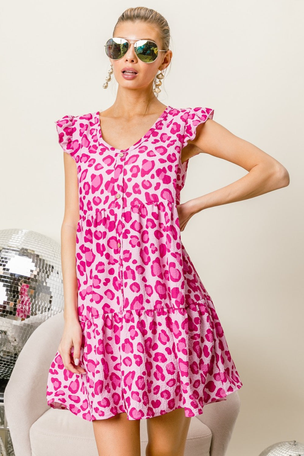 BiBi - Leopard Cap Sleeve Tiered Mini Dress