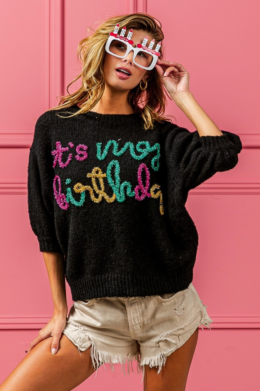 BiBi - Metallic Letter "It's My Birthday" Puff Sleeve Hairy Sweater