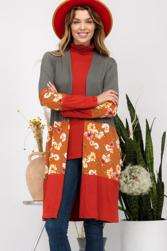 Celeste - Floral Color Block Open Front Cardigan - Size: S-3XL