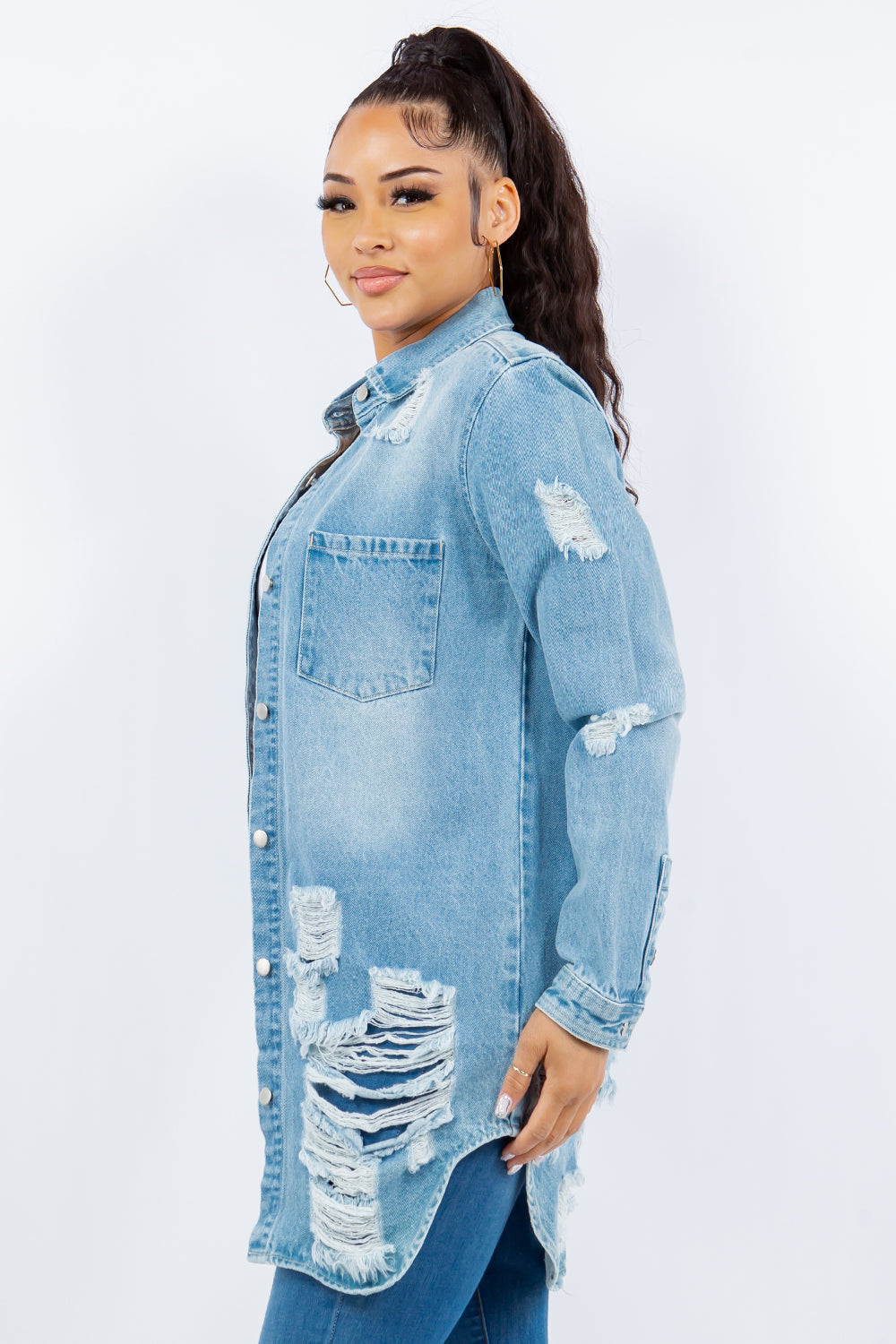 American Bazi - Distressed Button Up Long Sleeve Denim Jacket