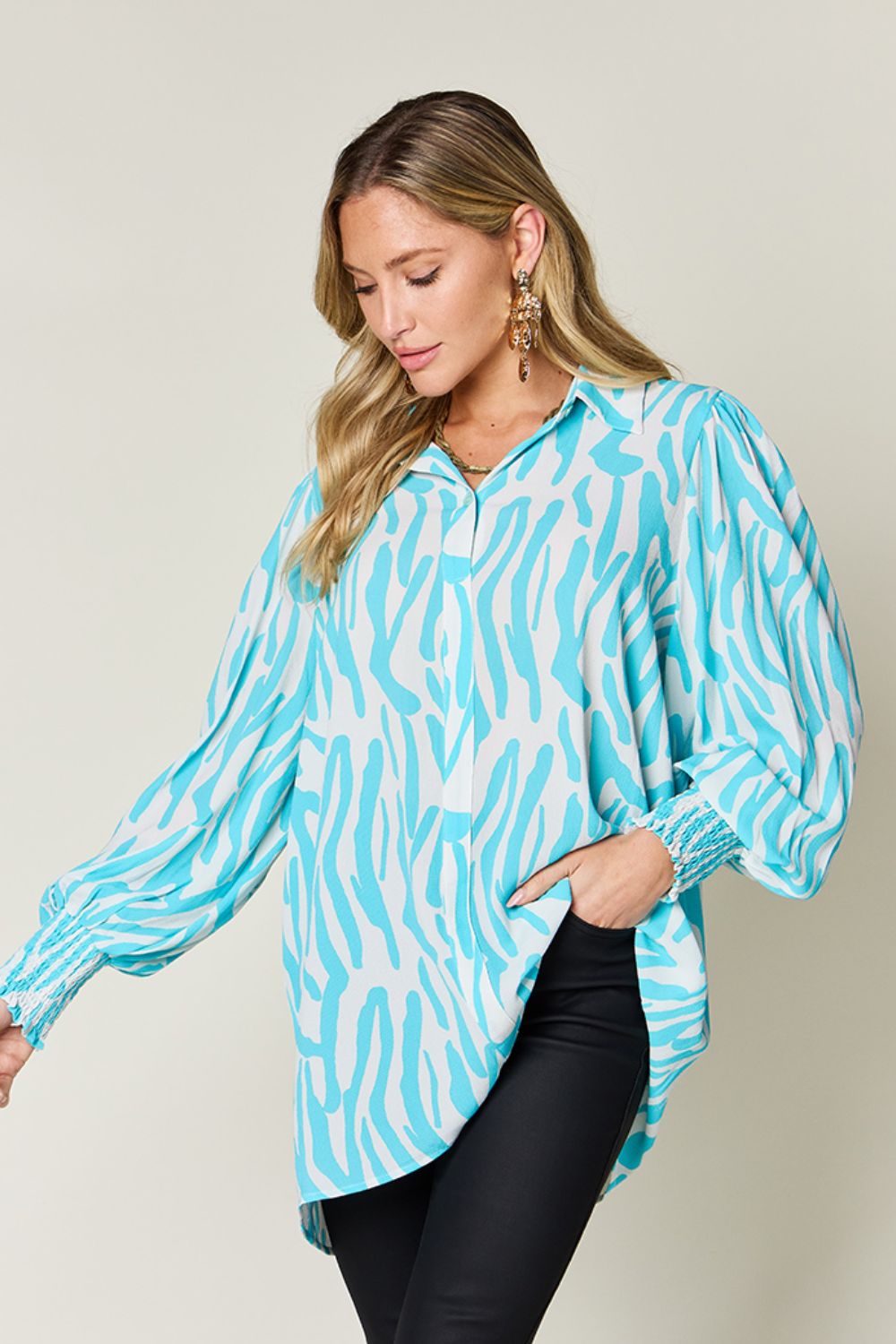 Double Take - Printed Smocked Long Sleeve Blouse - Size: S-3XL