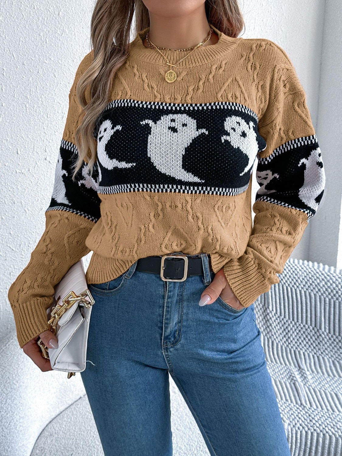 Ghost - Round Neck Long Sleeve Sweater - Halloween Collection