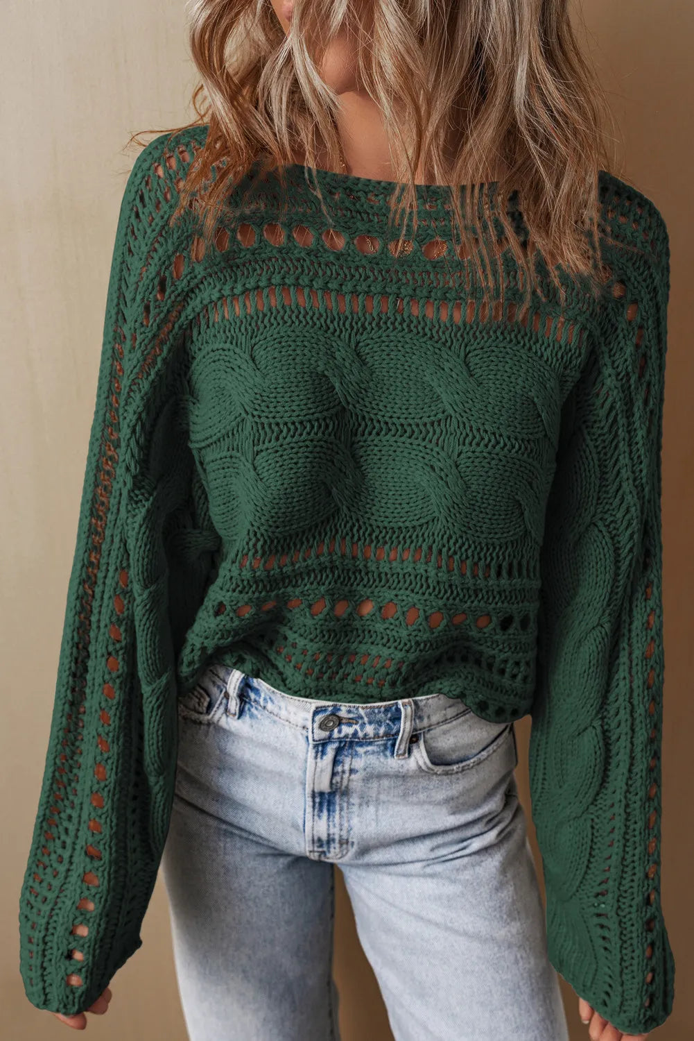 Cable-Knit Openwork Long Sleeve Sweater - Size: S-XL