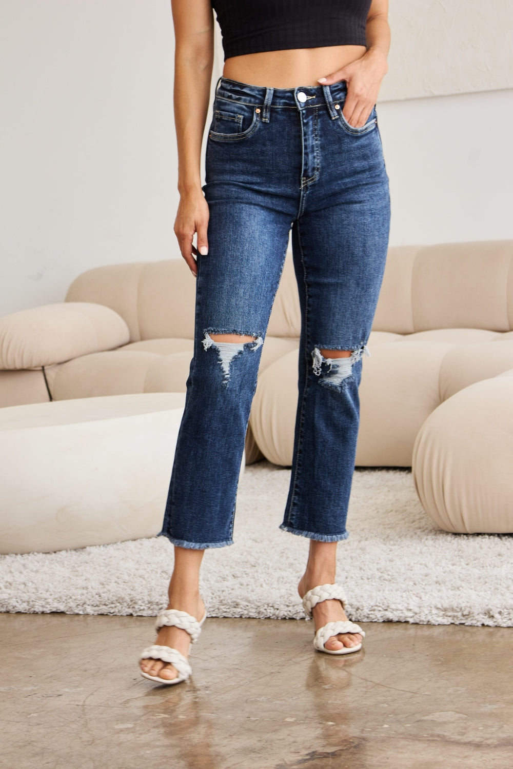 RFM - Crop Dylan Tummy Control Distressed High Waist Raw Hem Jeans - Size: 23-32 & 16W-24W