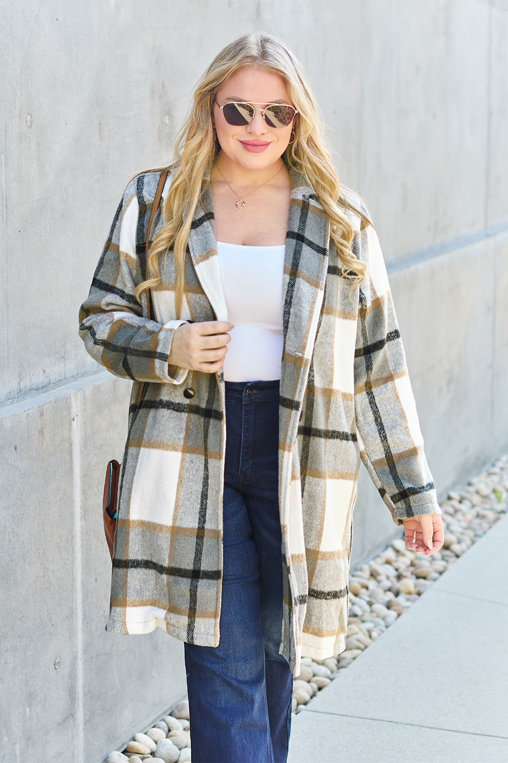 Double Take - Plaid Button Up Lapel Collar Coat - Size: S-3XL