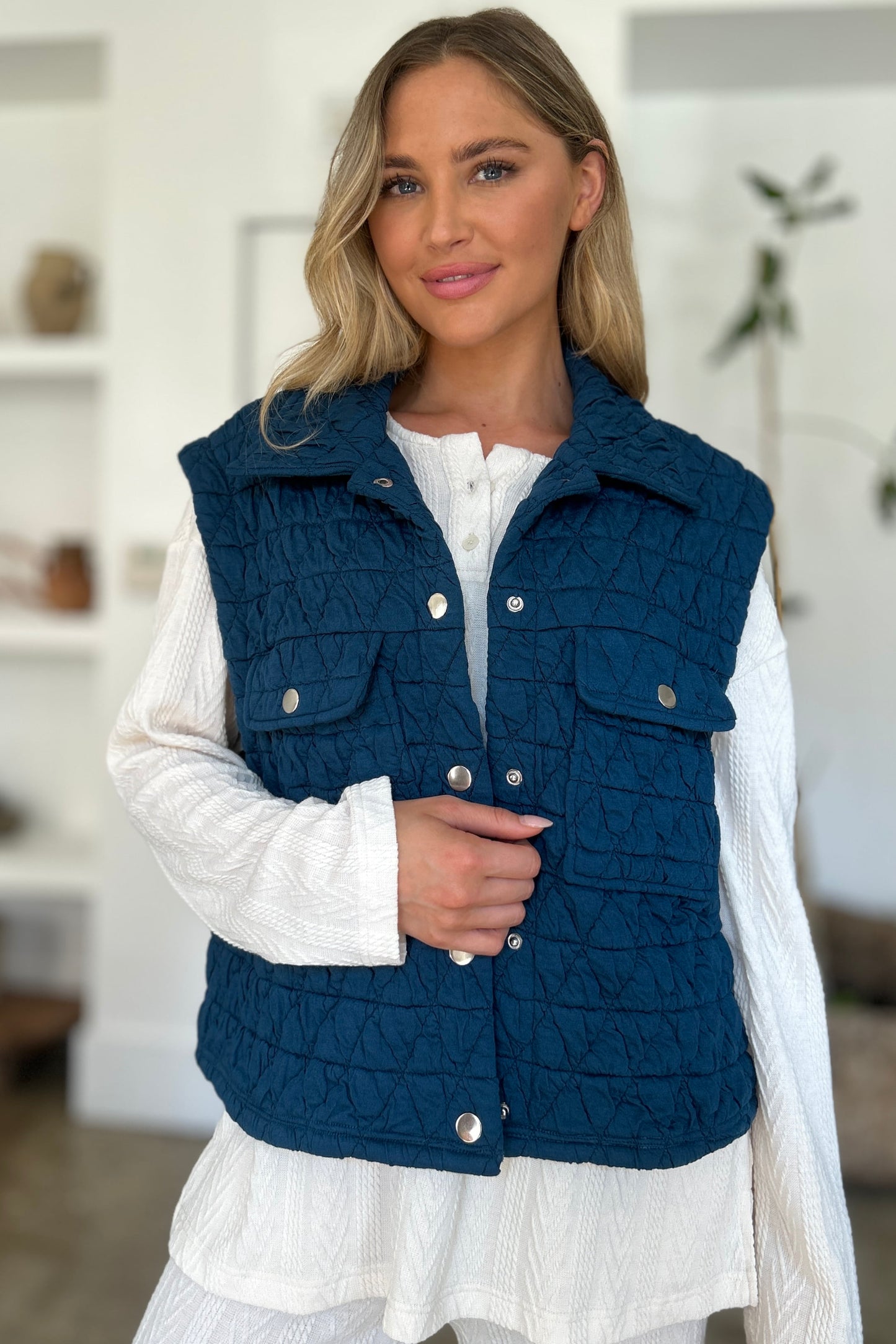 Double Take - Pocketed Texture Snap Down Vest Coat - Size: S-3XL