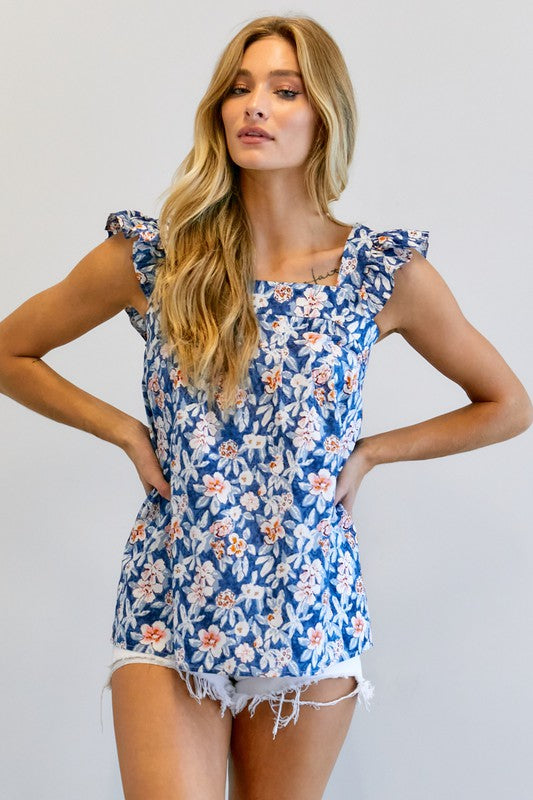 Davi & Dani - Floral Printed Ruffle Sleeveless Top