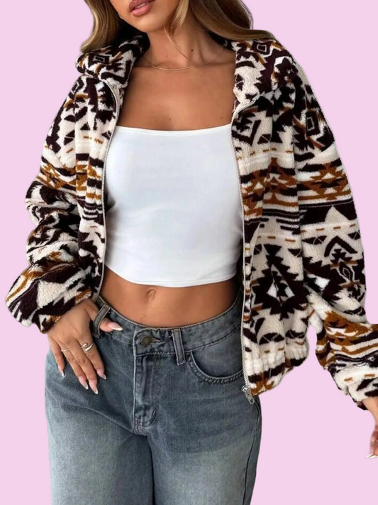 Brown Geometric Fleece Zip-Up Jacket - Size: S-XL