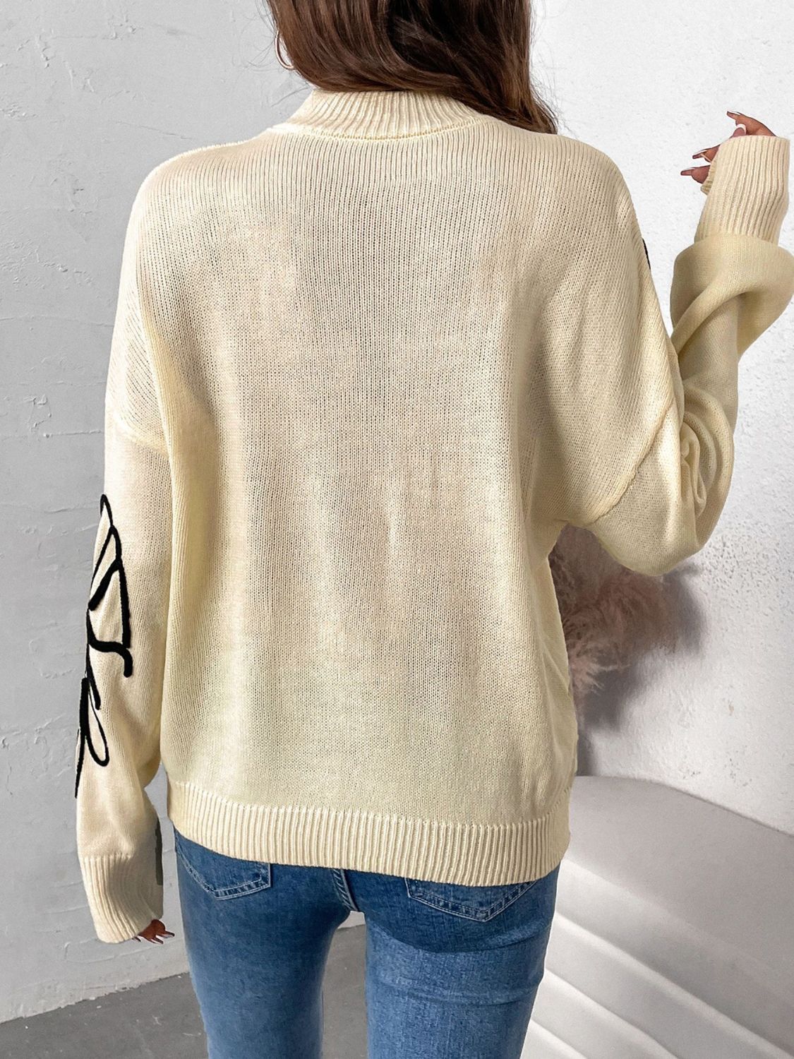 Perfee - Mock Neck Dropped Shoulder Long Sleeve Sweater