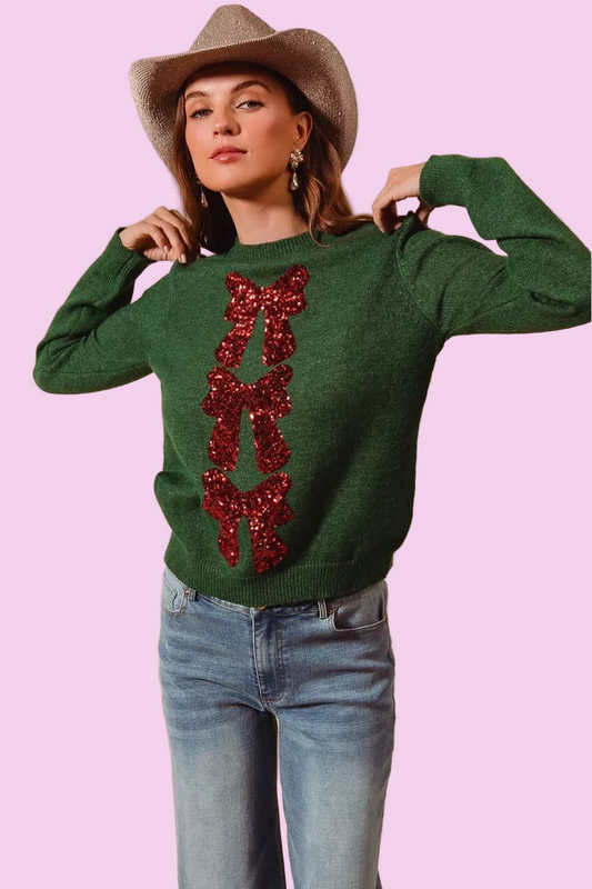 SO ME - Sequins Bow Ribbon Embellished Christmas Sweater - Size: S-XL