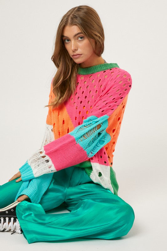 Davi & Dani - Color Block Distressed Detail Sweater