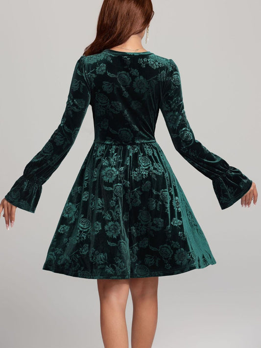 Tied Flower Print Round Neck Flounce Sleeve Dress - Size: S-XL