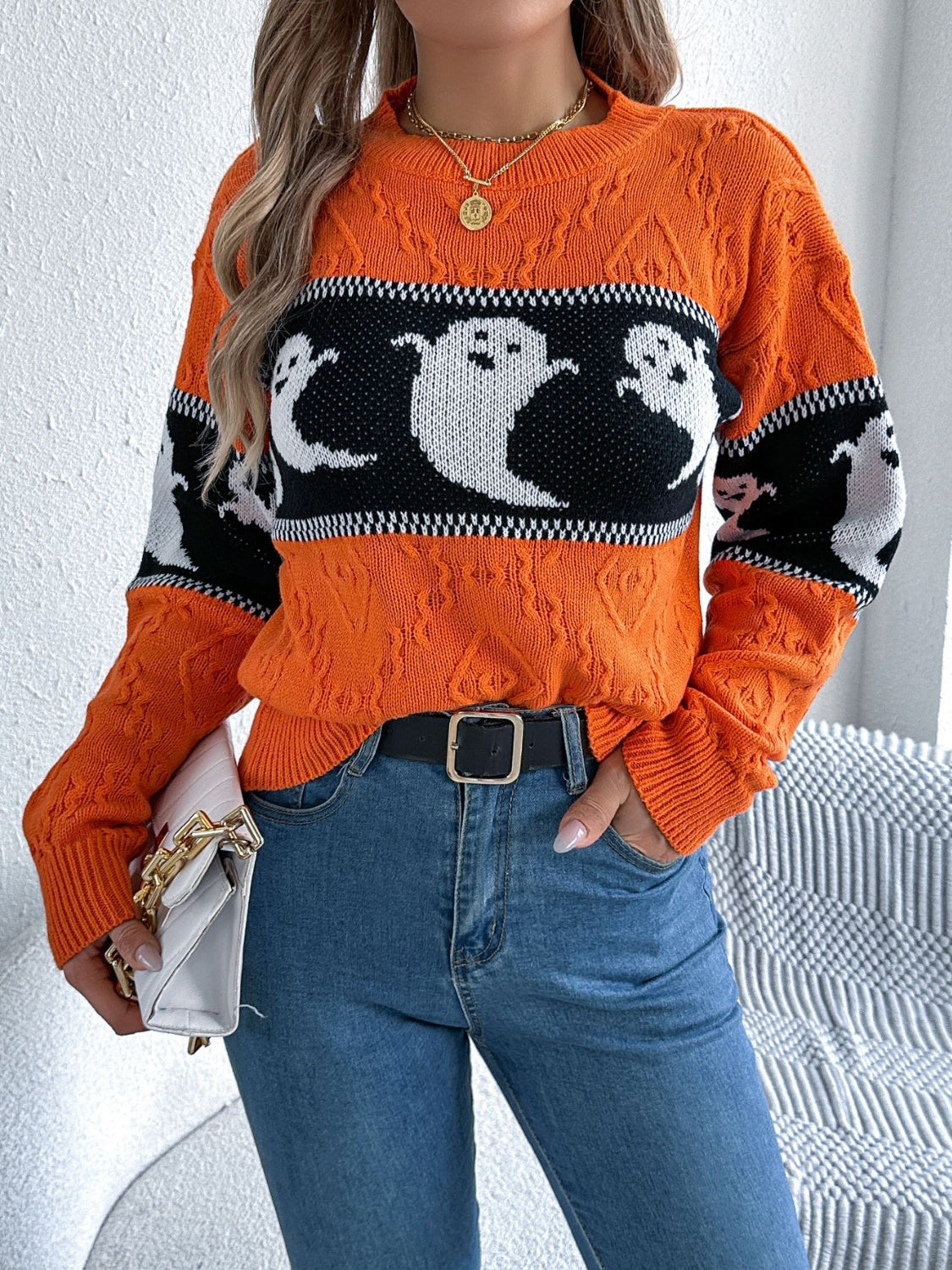 Ghost - Round Neck Long Sleeve Sweater - Halloween Collection