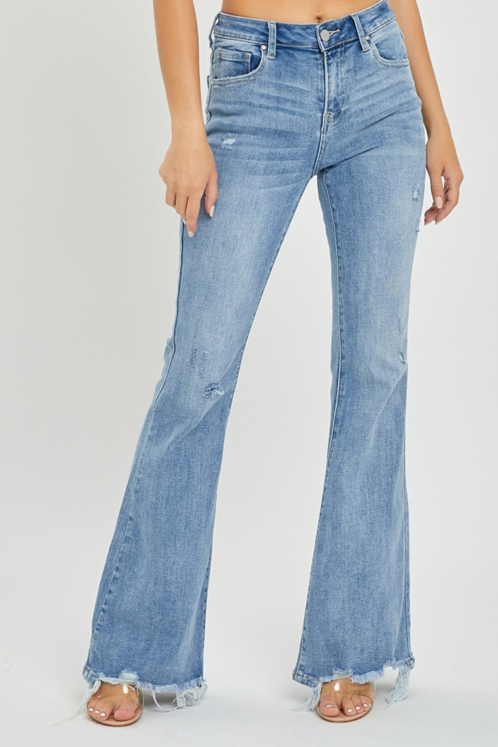 Risen - High Rise Frayed Hem Flare Jeans - Size: 0-3XL