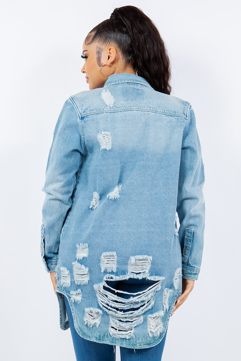 American Bazi - Distressed Button Up Long Sleeve Denim Jacket