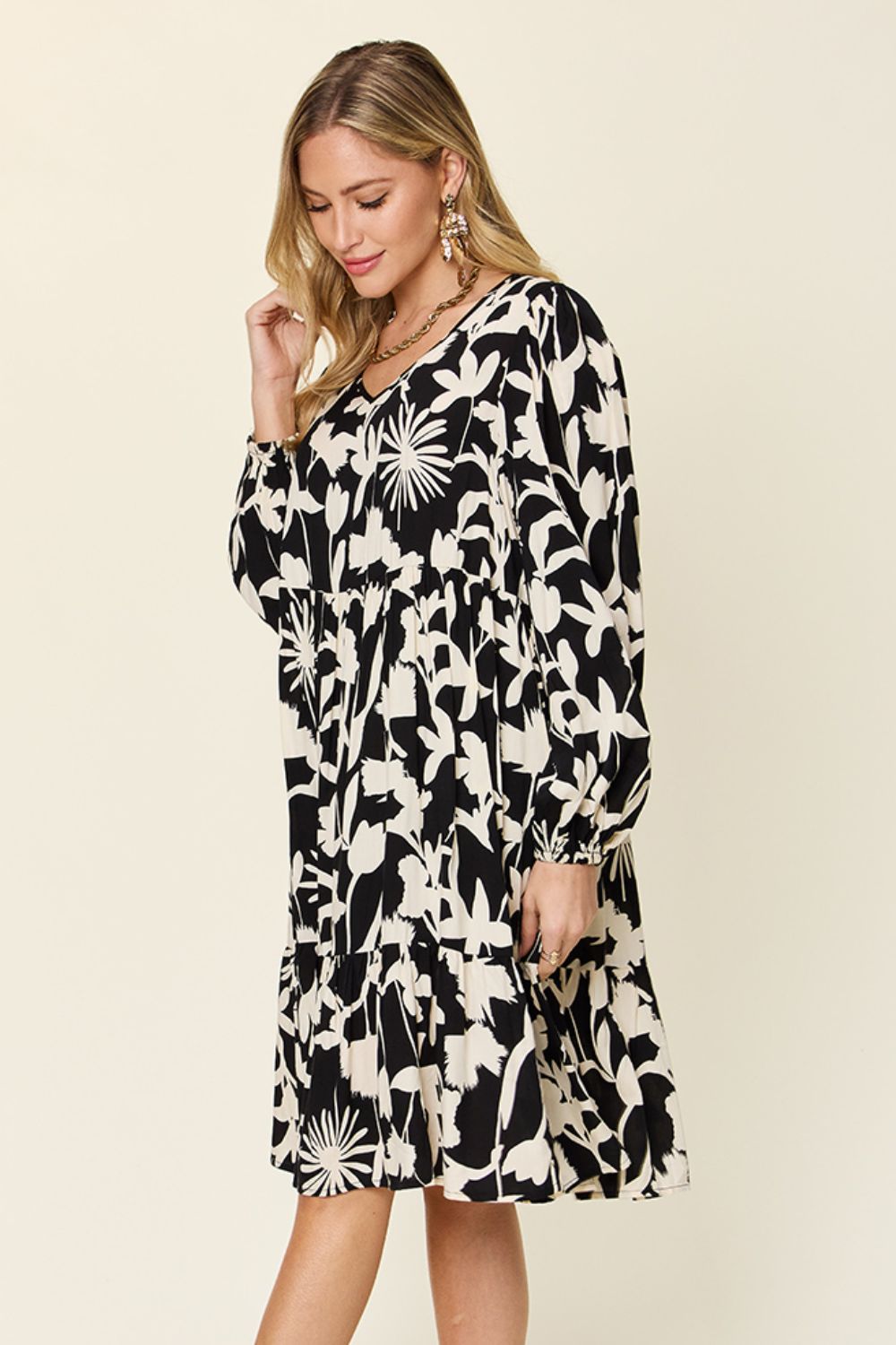 Double Take - Printed Ruffle Hem Dress with Pocket - Size: S-3XL