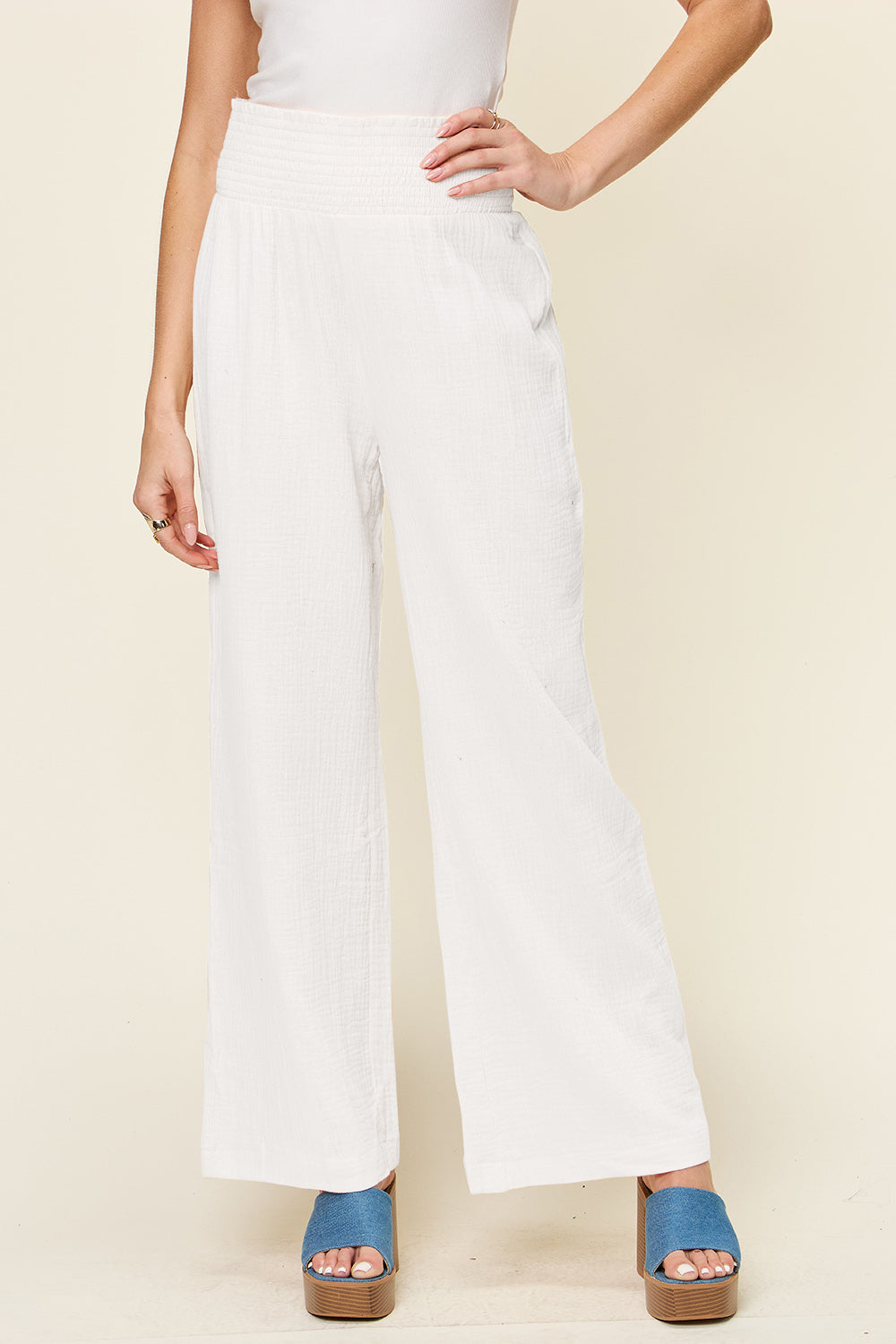 Double Take - Texture Smocked Waist Wide Leg Pants - Size: S-3XL