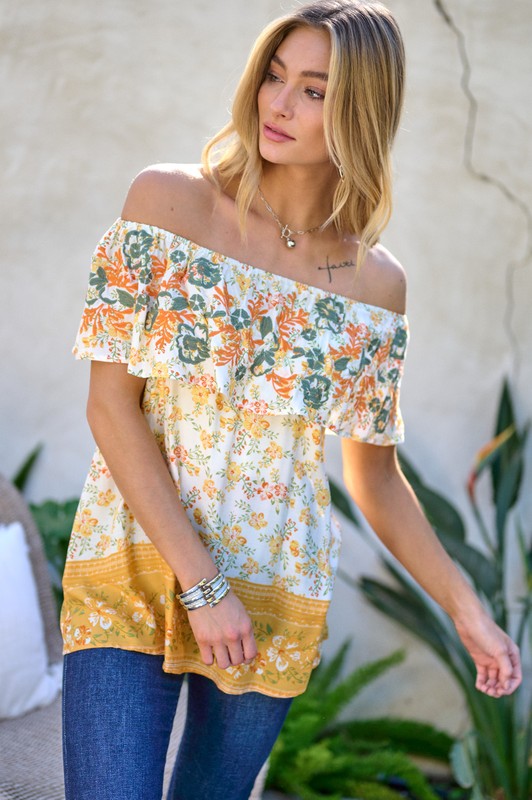 Davi & Dani - Printed Off Shoulder Smocked Top