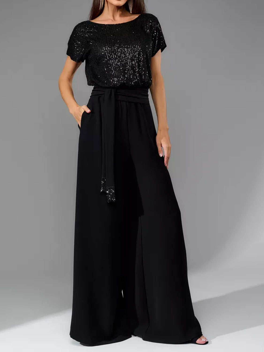 Sequin Round Neck Short Sleeve Wide Leg Jumpsuit - Size: S-3XL