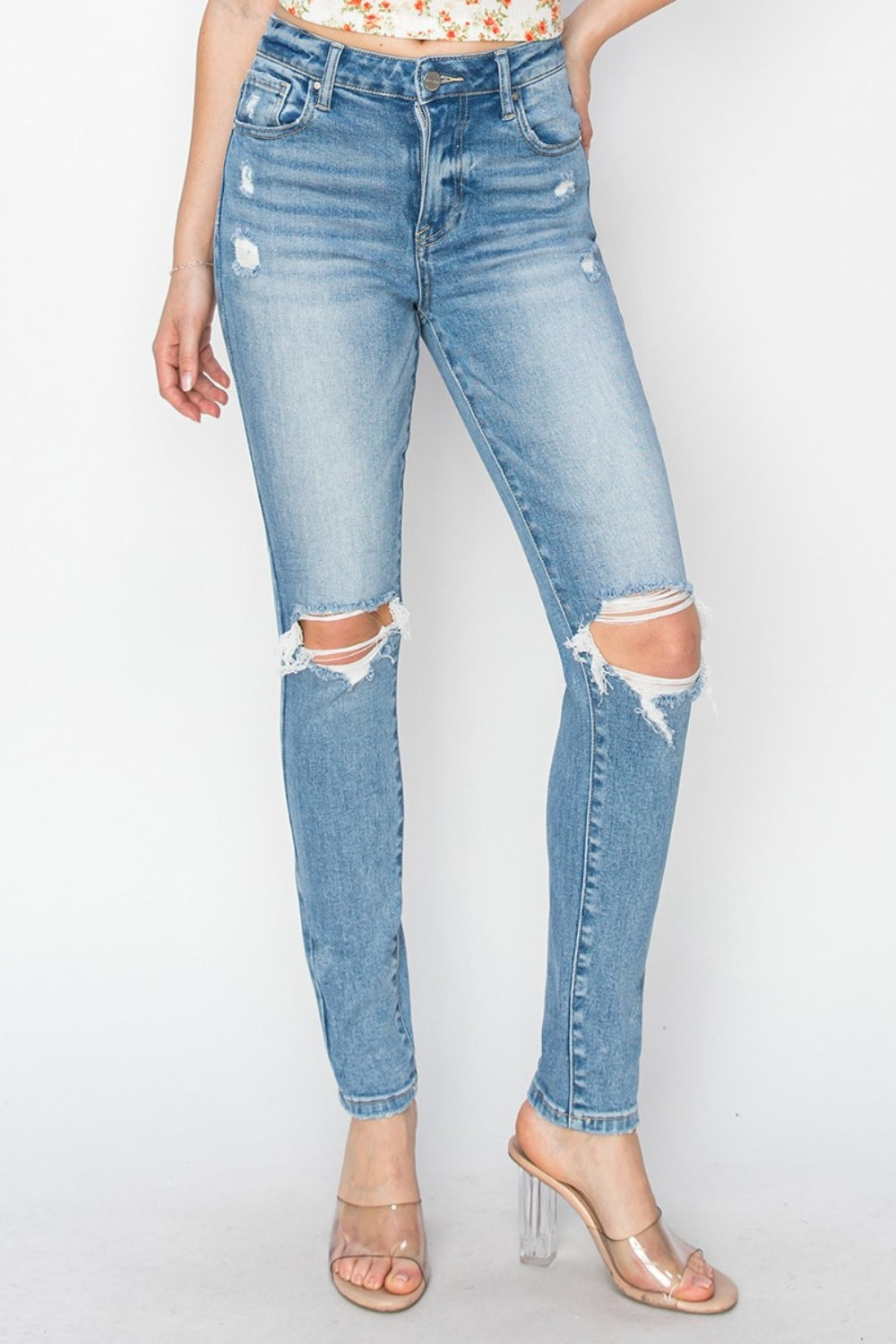 Risen - High Rise Knee Distressed Skinny Jeans - Size: 0-3XL