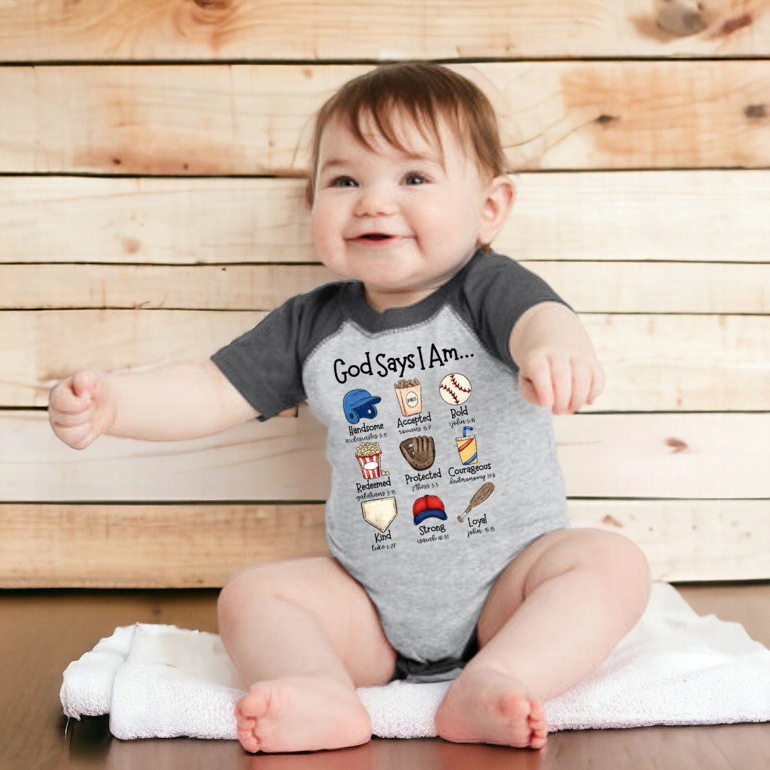 "God Says I Am" Baseball Infant Raglan Bodysuit - Size: NB - 24M - Sweet PEA & Me Boutique