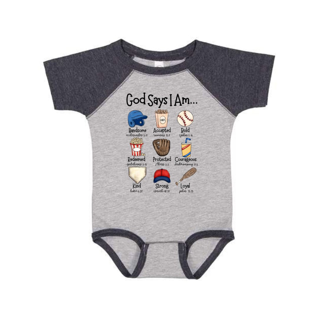 "God Says I Am" Baseball Infant Raglan Bodysuit - Size: NB - 24M - Sweet PEA & Me Boutique