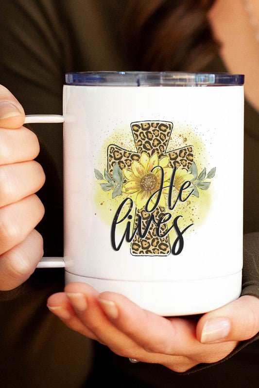 "He Lives" Sunflower Leopard Cross Travel Mug - Sweet PEA & Me Boutique