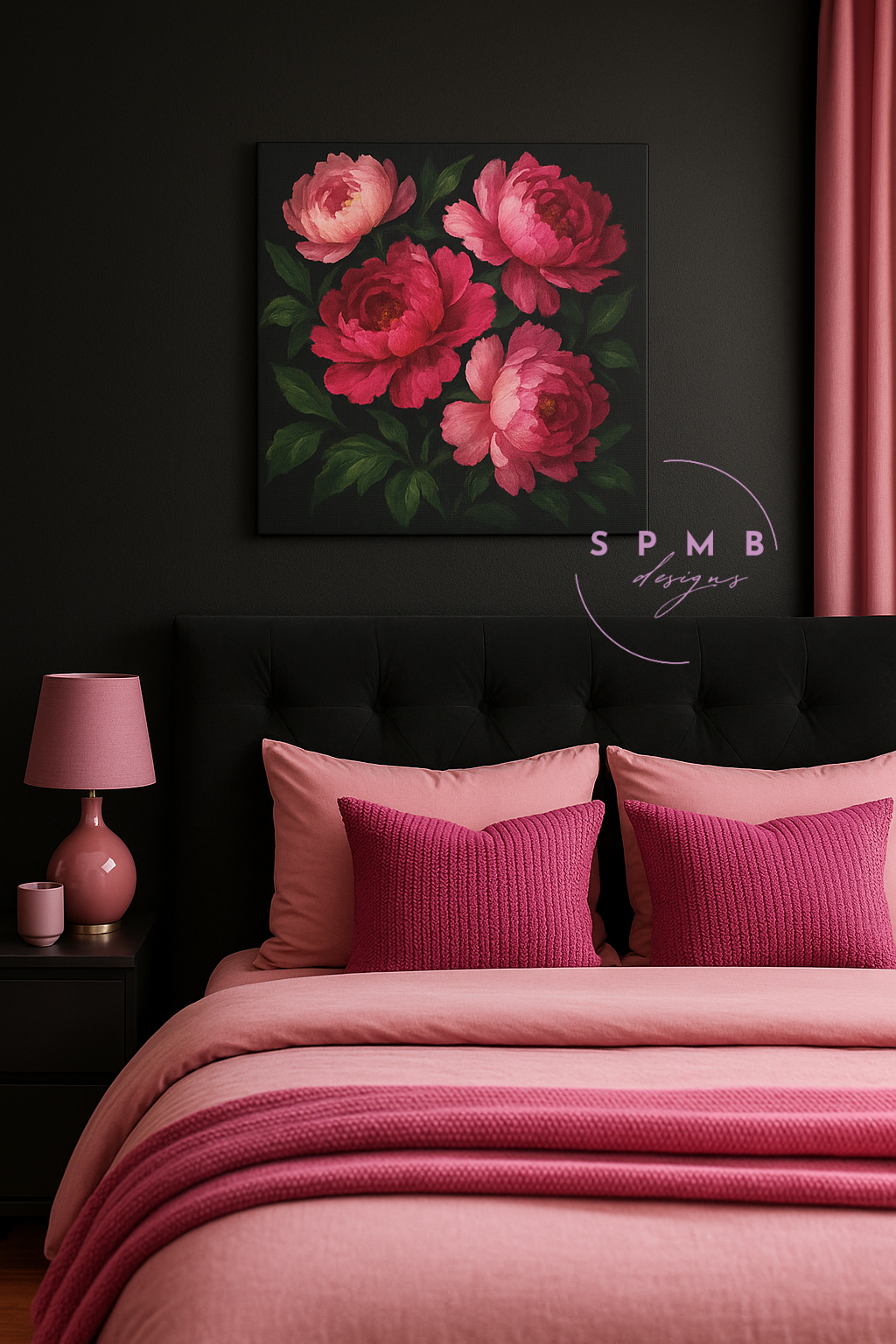 10×10" or 20x20" - Peony Bloom Matte Canvas Wall Art – Bold Pink Floral on Black Background for Modern Home Decor