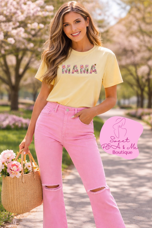 Spring Floral "MAMA" Graphic Tee (Comfort Colors) - Size: S-4XL - Cute Matching Mommy & Me Shirt, Pink Flower Lettering Mom Top, Gift for Moms