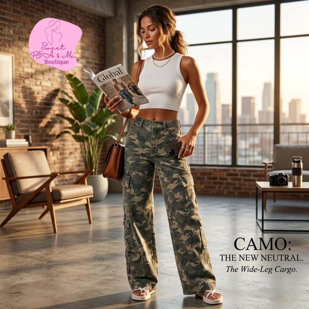 Camo Denim Cargo Wide Leg Pants - Size: 4-16