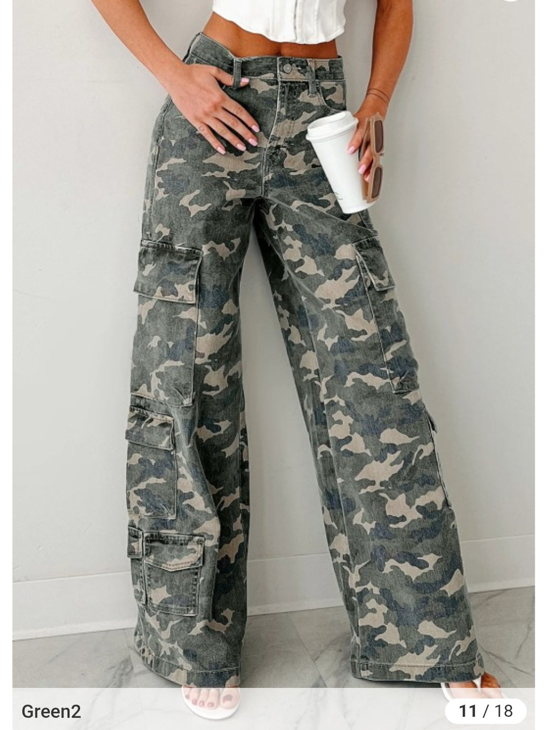 Camo Denim Cargo Wide Leg Pants - Size: 4-16