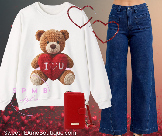 Valentine Faux Crochet I ❤️ U Teddy Bear Graphic Crewneck Sweatshirt (Gildan) - Size: S-3XL - Valentine's Day Shirt