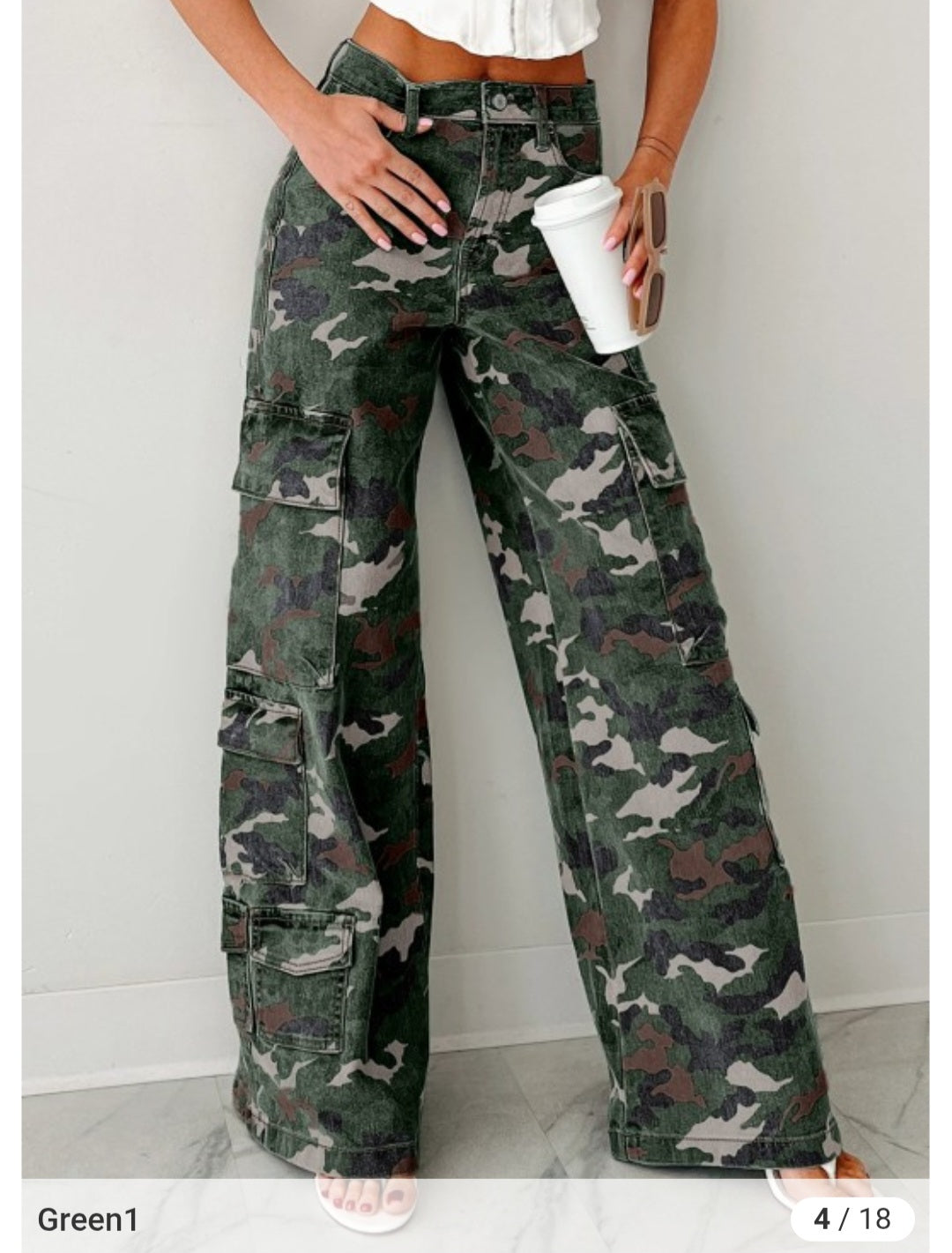 Camo Denim Cargo Wide Leg Pants - Size: 4-16