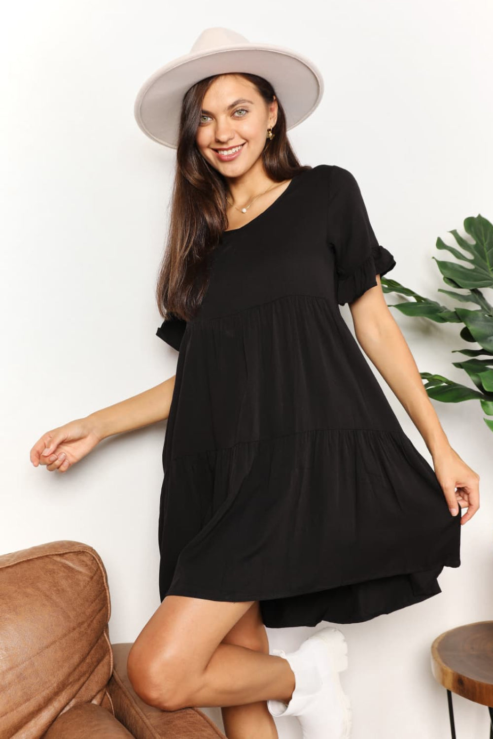 Double Take - V-Neck Flounce Sleeve Tiered Dress