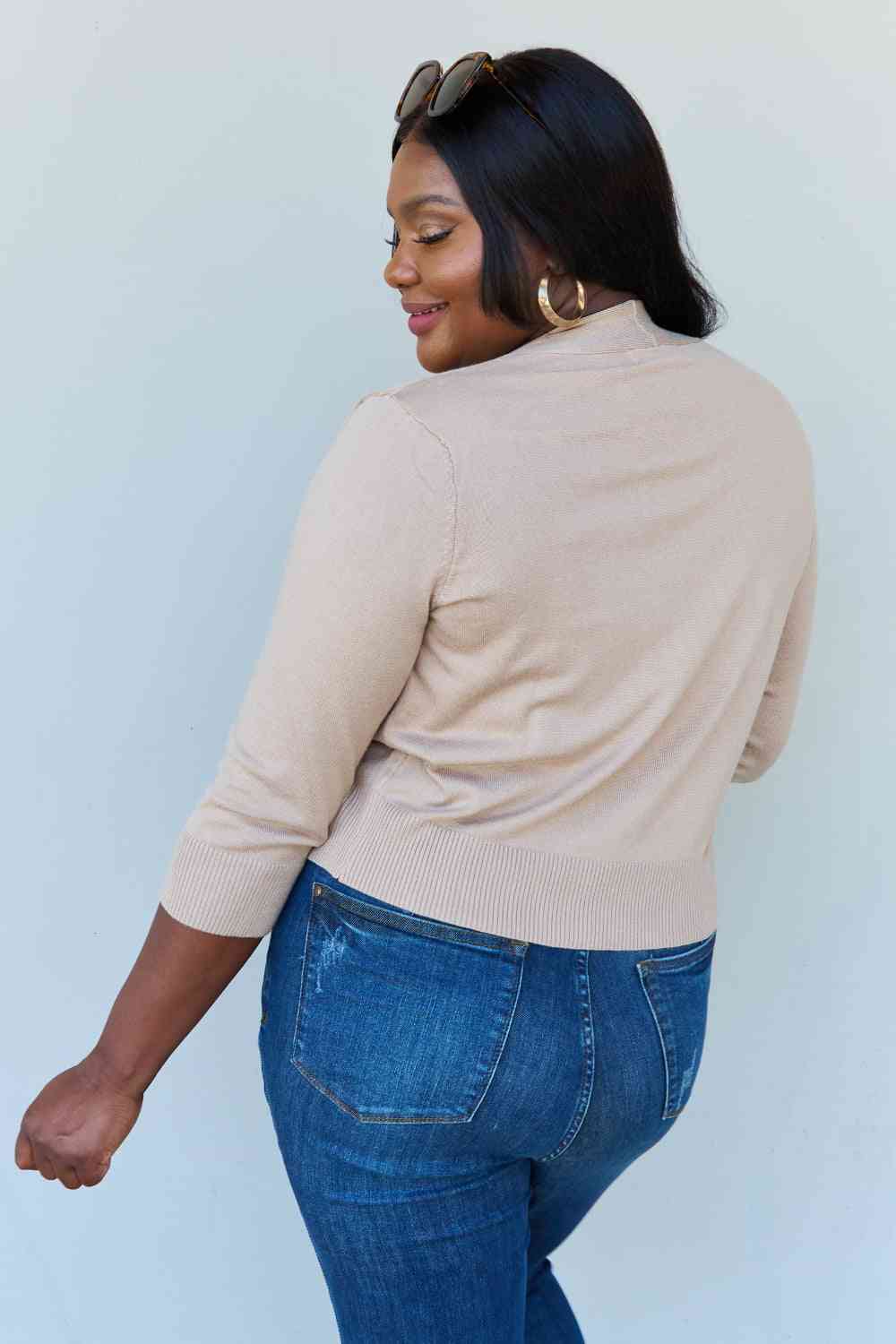 Doublju - My Favorite 3/4 Sleeve Cropped Cardigan in Khaki - Sizes S-3XL