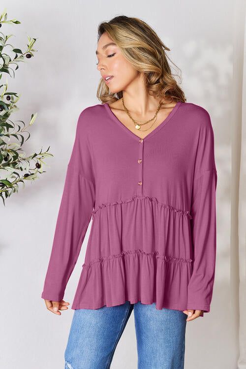 Double Take - Half Button Long Sleeve Ruffle Hem Blouse - Multiple Color Options - Size: S-3XL