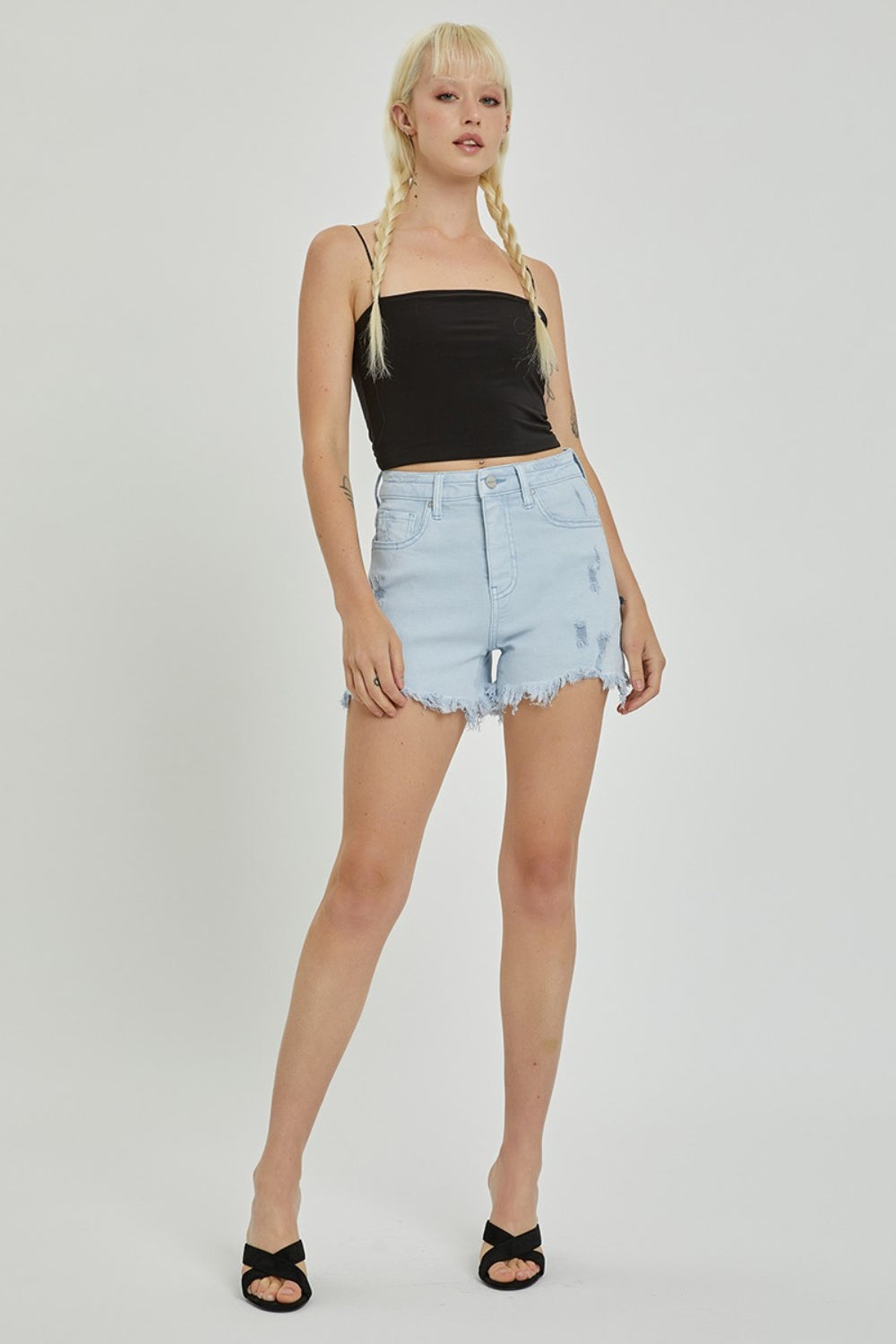 RISEN - High Rise Distressed Detail Denim Shorts - Size: S-3XL