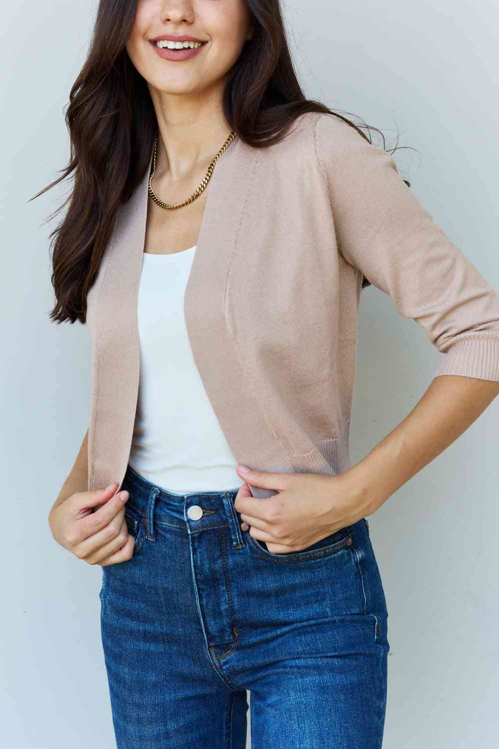 Doublju - My Favorite 3/4 Sleeve Cropped Cardigan in Khaki - Sizes S-3XL