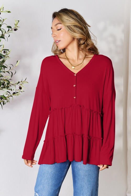 Double Take - Half Button Long Sleeve Ruffle Hem Blouse - Multiple Color Options - Size: S-3XL