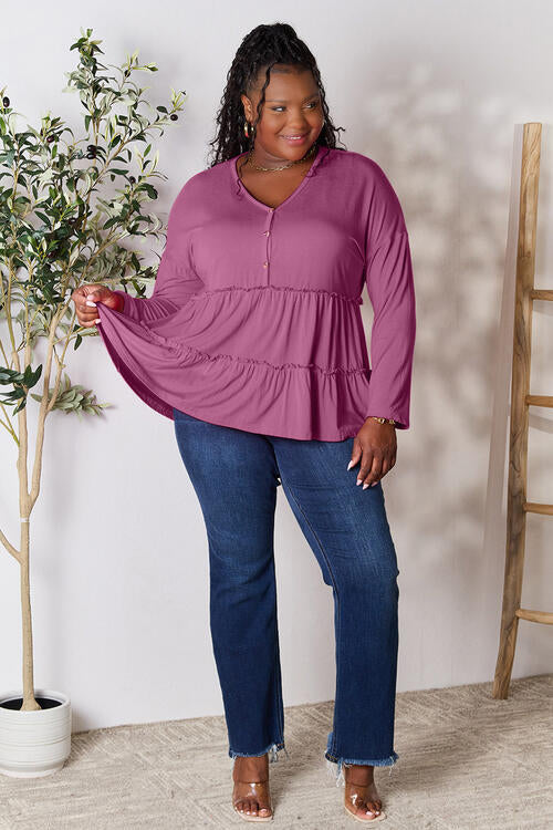 Double Take - Half Button Long Sleeve Ruffle Hem Blouse - Multiple Color Options - Size: S-3XL