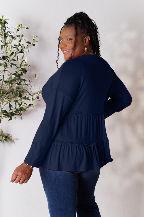 Double Take - Half Button Long Sleeve Ruffle Hem Blouse - Multiple Color Options - Size: S-3XL