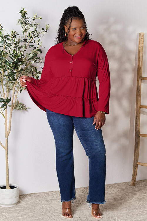 Double Take - Half Button Long Sleeve Ruffle Hem Blouse - Multiple Color Options - Size: S-3XL