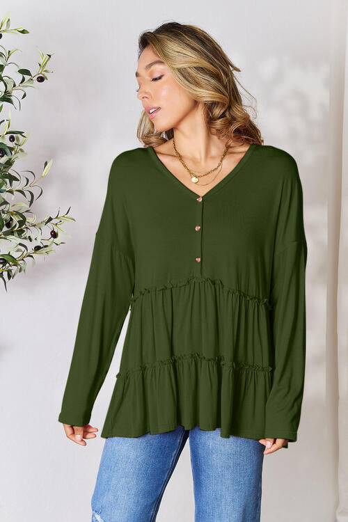 Double Take - Half Button Long Sleeve Ruffle Hem Blouse - Multiple Color Options - Size: S-3XL