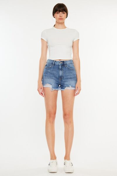 Kancan - Distressed Raw Hem High Waist Denim Shorts