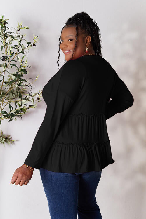 Double Take - Half Button Long Sleeve Ruffle Hem Blouse - Multiple Color Options - Size: S-3XL