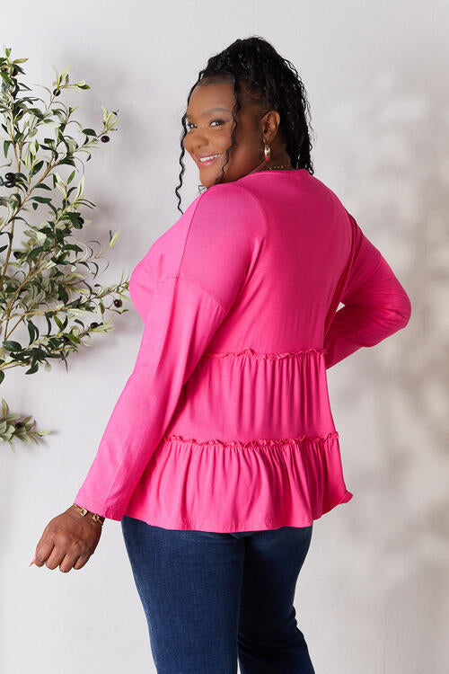 Double Take - Half Button Long Sleeve Ruffle Hem Blouse - Multiple Color Options - Size: S-3XL