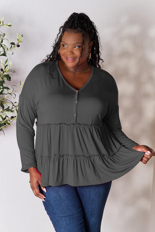 Double Take - Half Button Long Sleeve Ruffle Hem Blouse - Multiple Color Options - Size: S-3XL