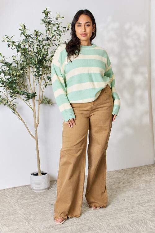 Sew In Love - Contrast Striped Round Neck Sweater - Size M-3XL