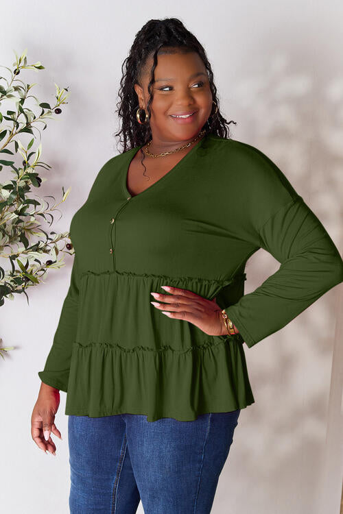 Double Take - Half Button Long Sleeve Ruffle Hem Blouse - Multiple Color Options - Size: S-3XL