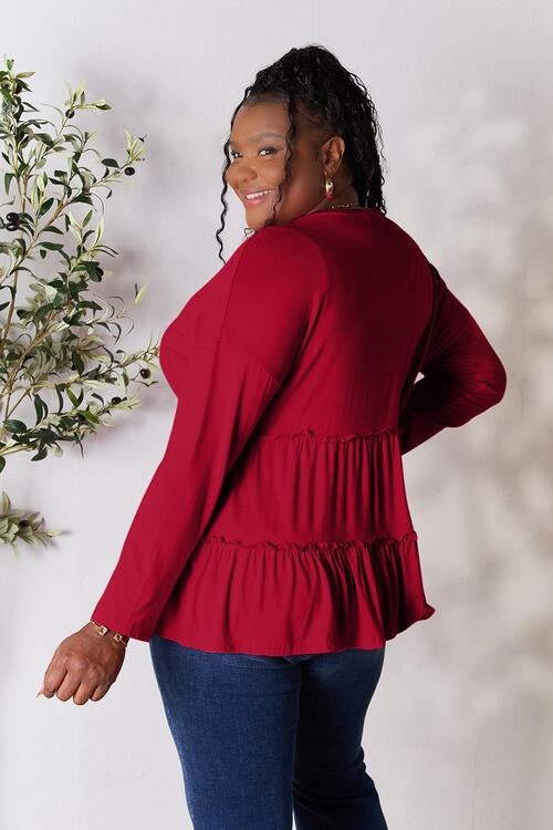 Double Take - Half Button Long Sleeve Ruffle Hem Blouse - Multiple Color Options - Size: S-3XL